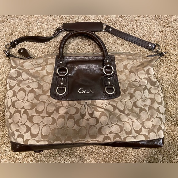 COACH Tan/Brown Ashley Signature Satin Satchel 2WAY Convertible Detachable Strap - Picture 12 of 14